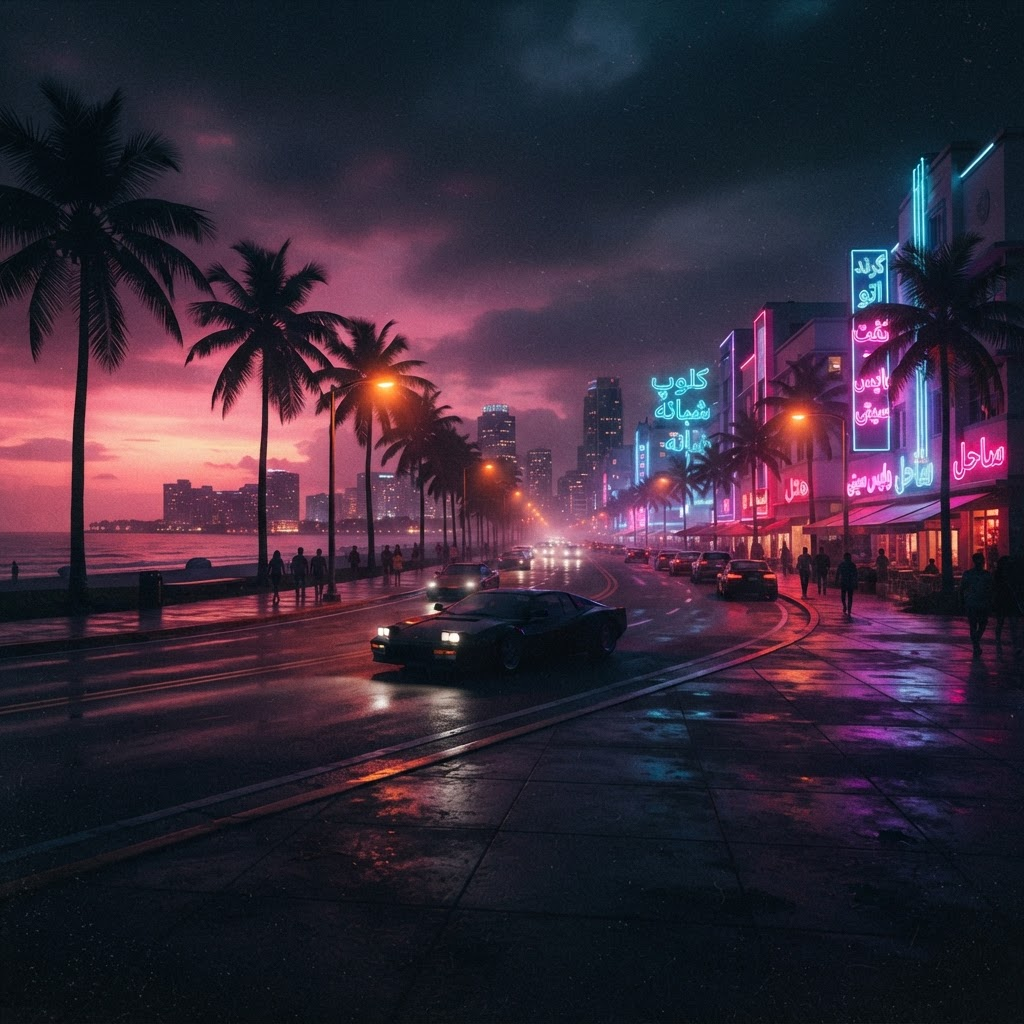 خیابان نئونی در شهری الهامگرفته از Vice City